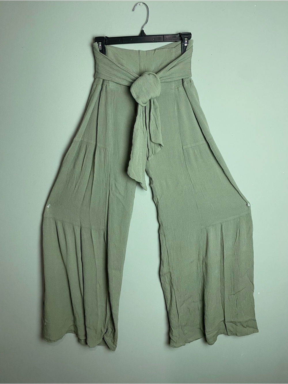 Rewash Sage Green Wide-Leg Tie Waist Pants